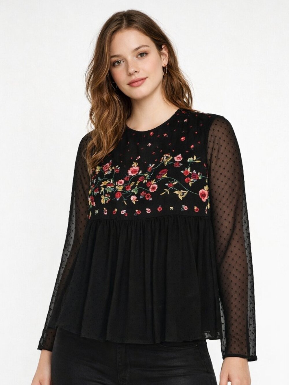 Zara Top Embroidered Blouse Black Floral Print Small